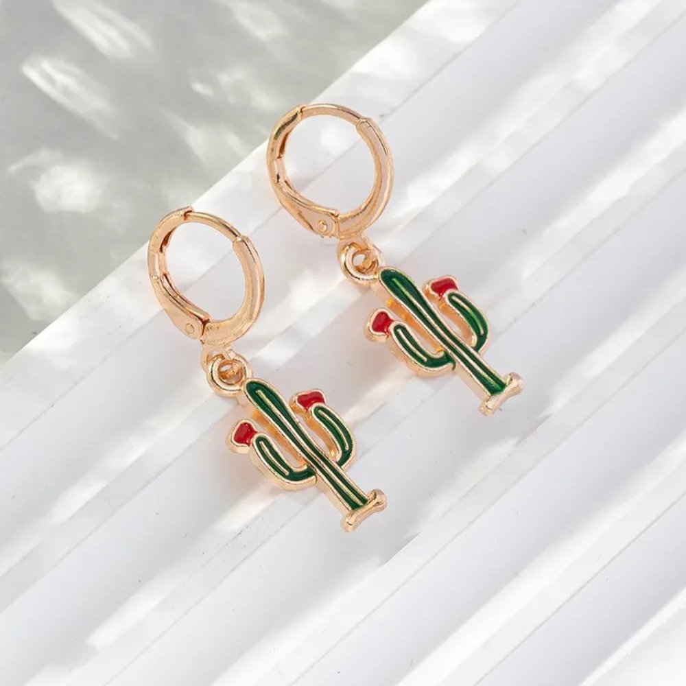 Gold & Green Desert Cactus Western Southwestern Dangle Huggie Earrings NEW - Picture 3 of 7